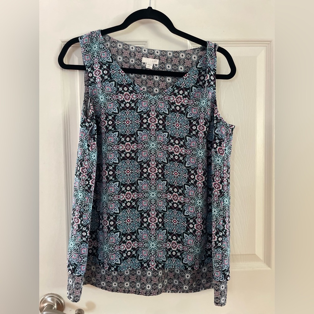 J. Jill Black Tank Top with Teal and Pink Medallion Print